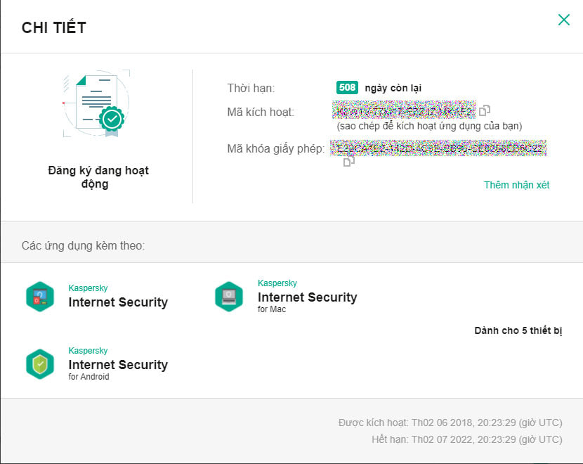Key diệt virus Kaspersky Internet Security 500 ngày