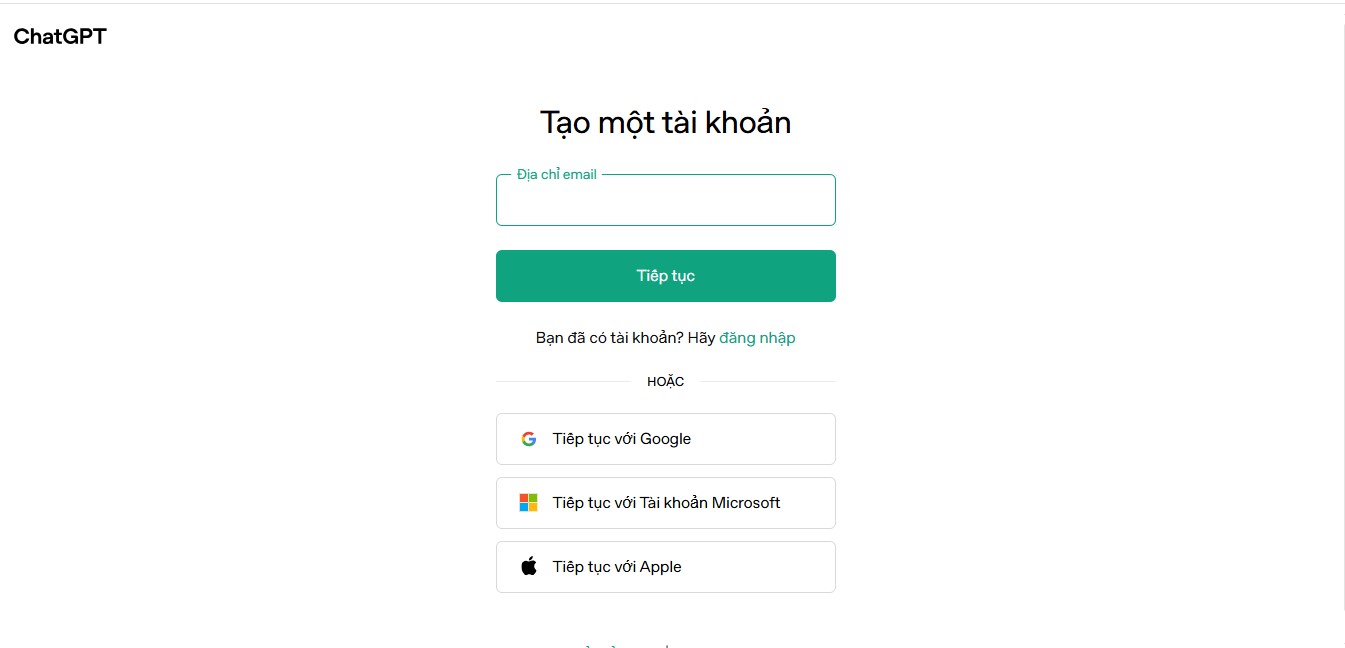 Nhập email để đăng ký ChatGPT
