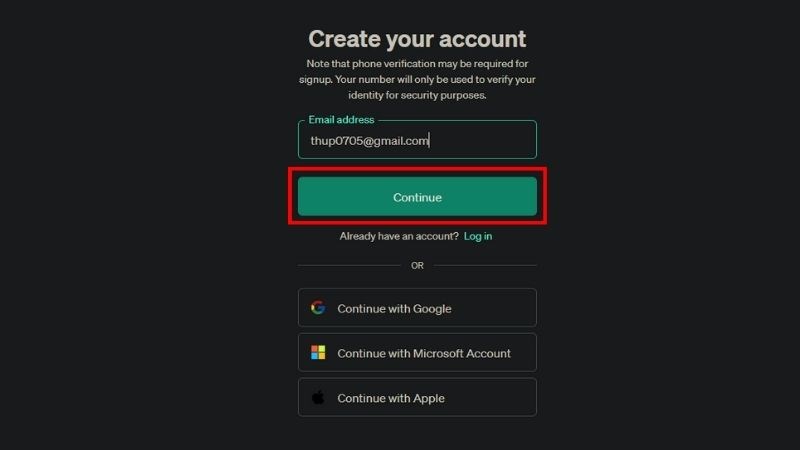 Nhập email dùng để đăng ký ChatGPT