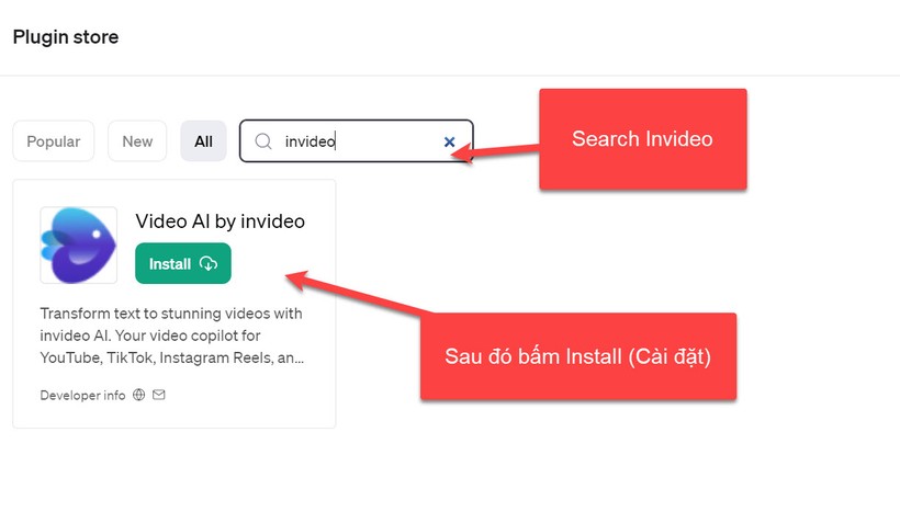 Chọn Plugin có tên là Invideo, sau đó bấm cài đặt Chọn Plugin có tên là Invideo, sau đó bấm cài đặt